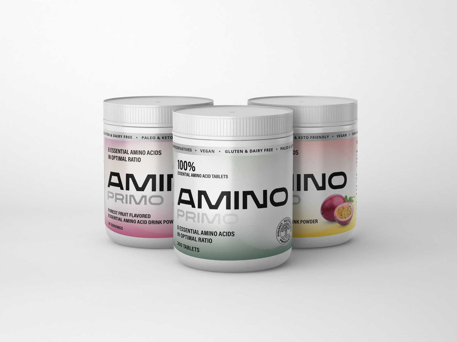 Three different packs of Amino Primo essential amino acids in original, passion fruit and forest fruit flavors