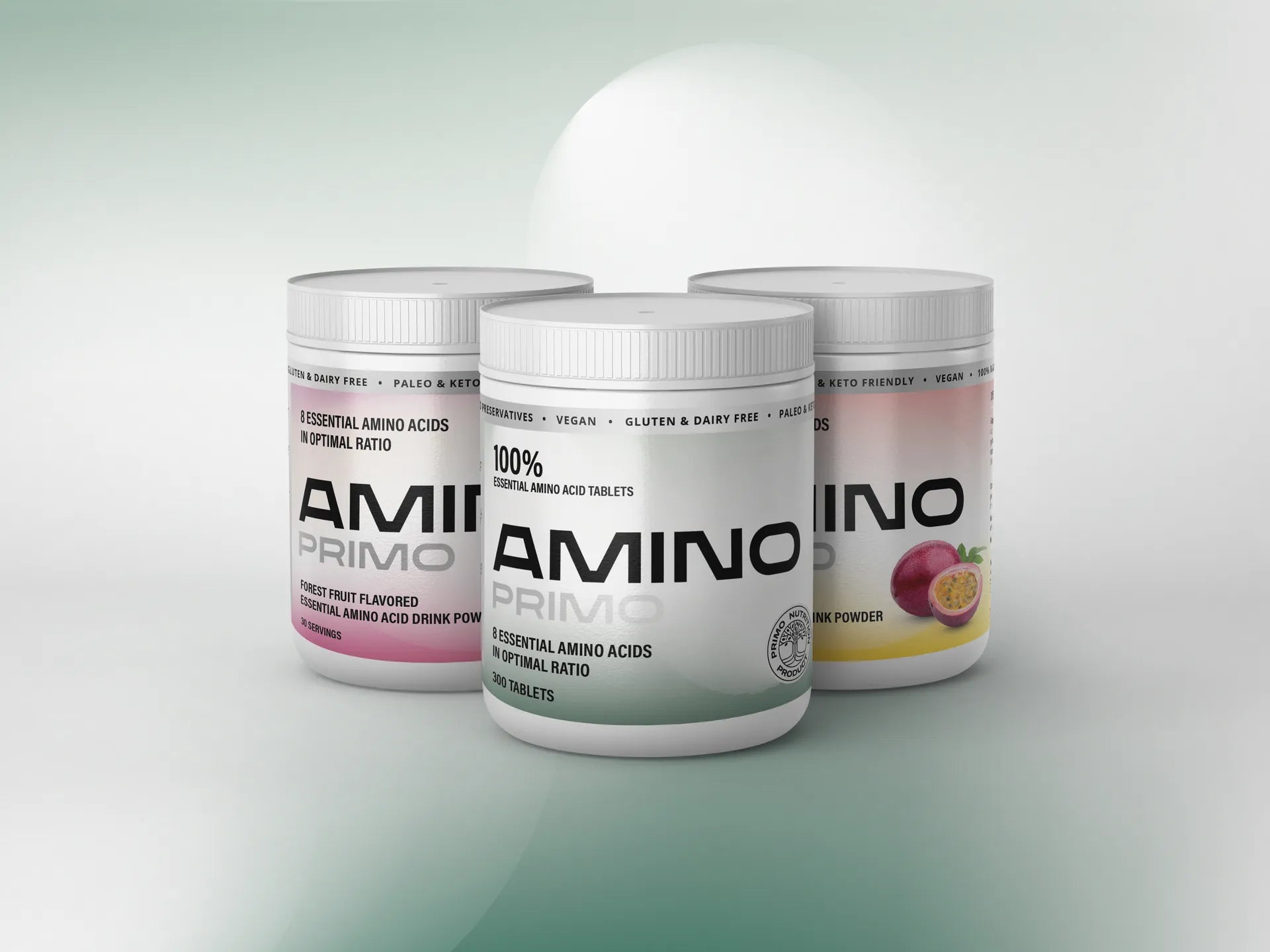 Three different packs of Amino Primo essential amino acids in original, passion fruit and forest fruit flavors. Light green textured background.
