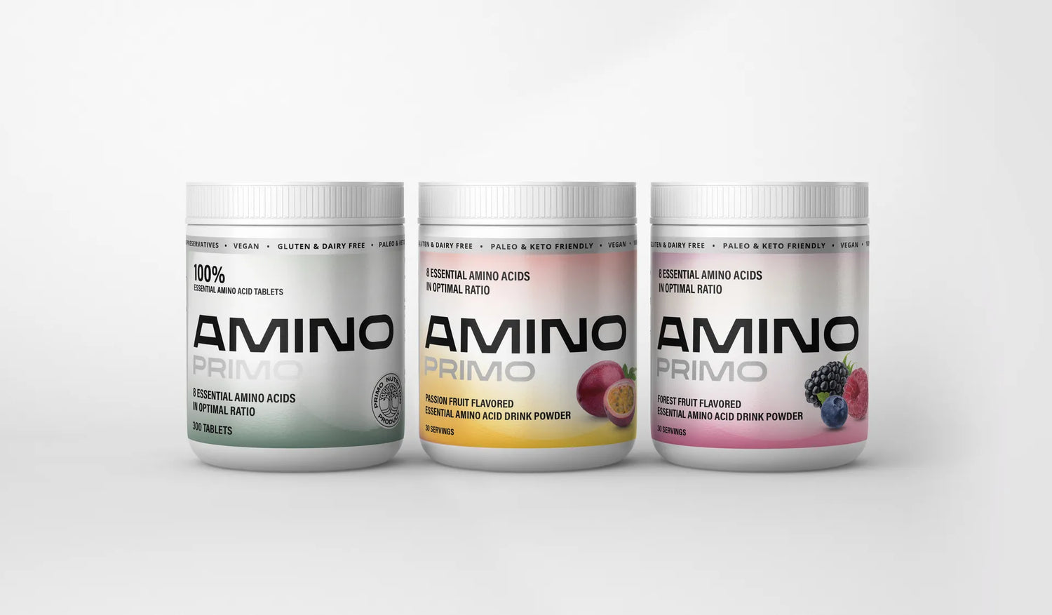Three different packs of Amino Primo essential amino acids in three flavours