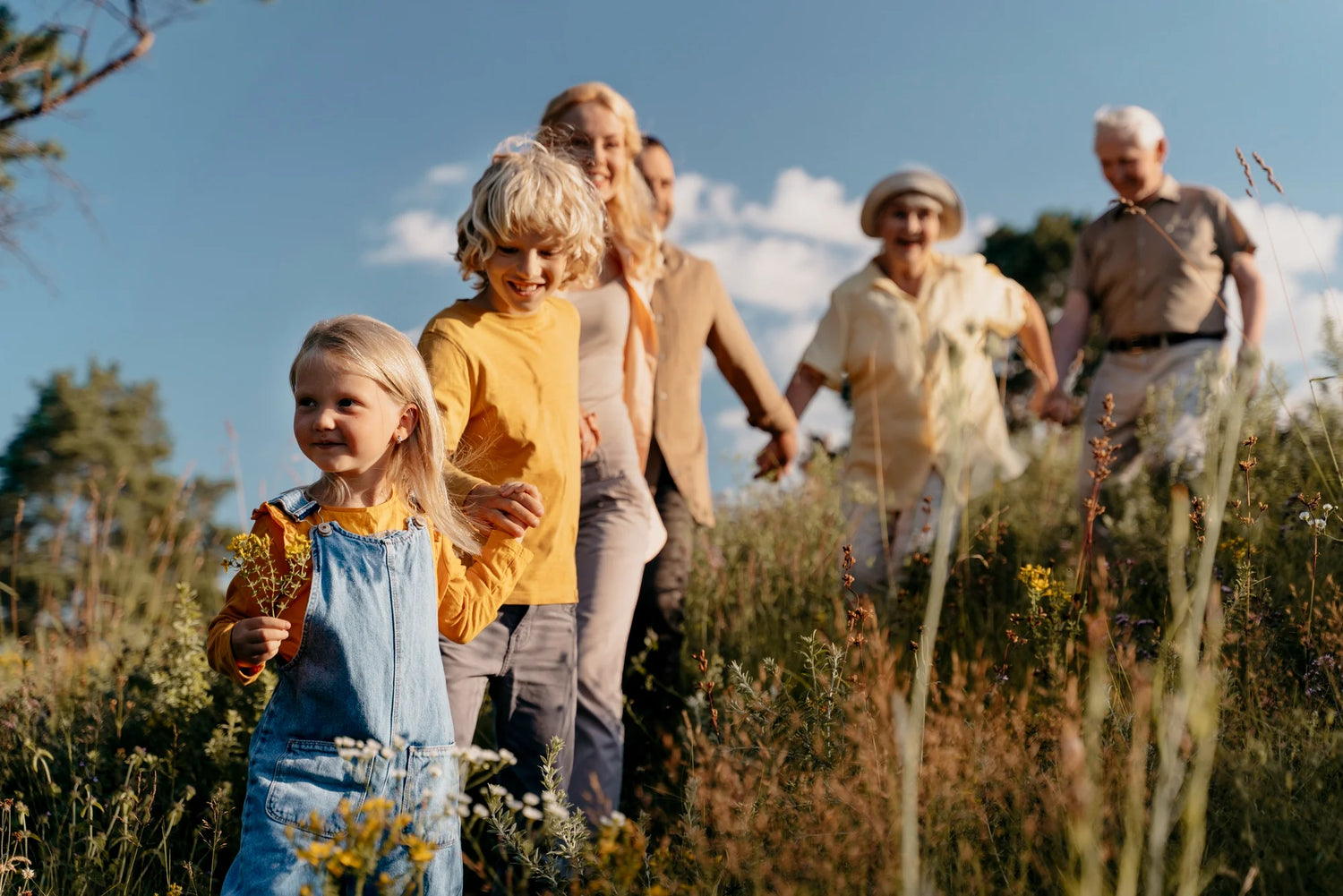 A family of two children their mother, father and grandparents holding hands and walking through a field of wildflowers.