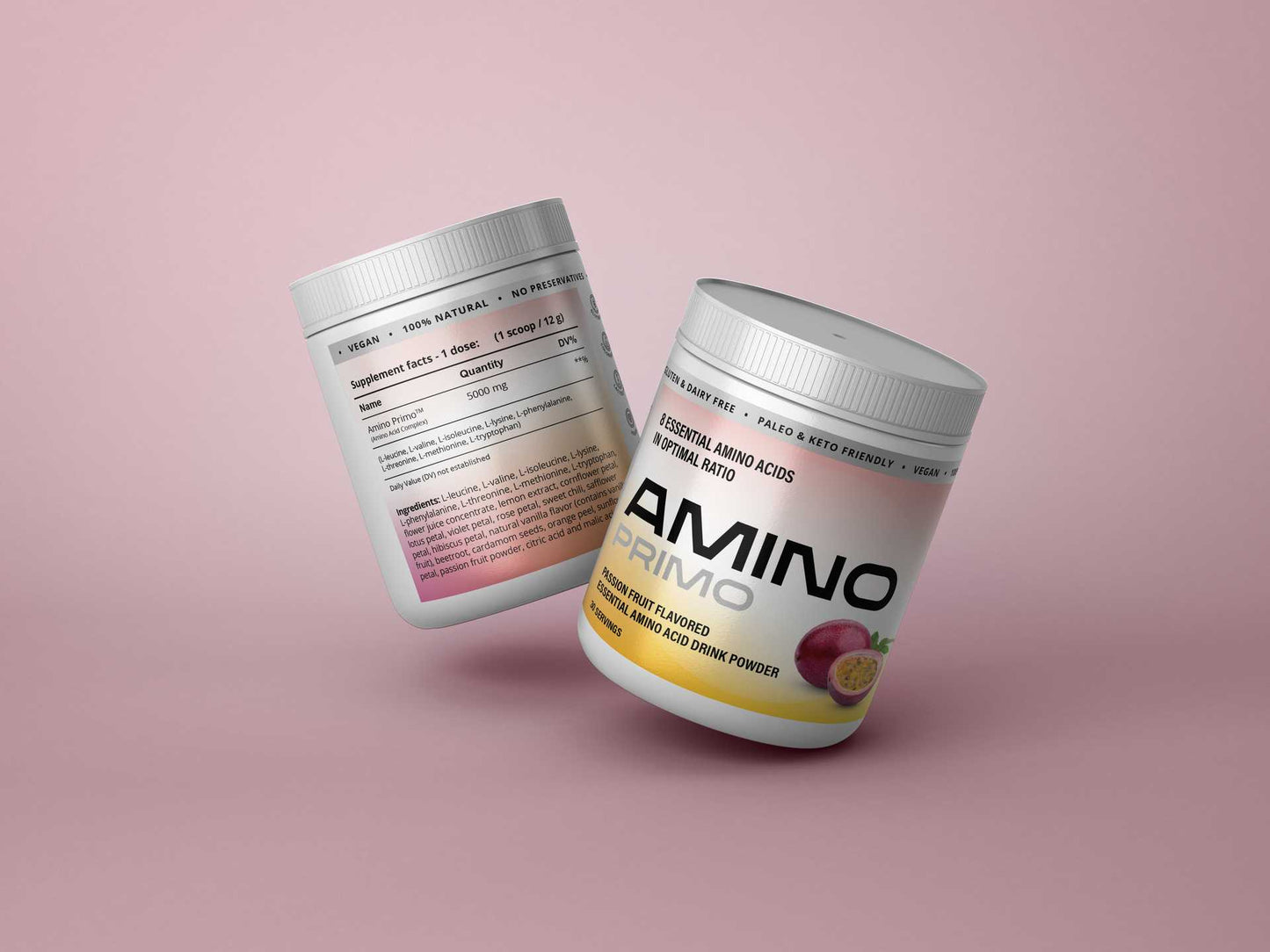 Product image of Amino Primo passion fruit supplement jars, essential amino acid tablets, displayed on a minimalist pink background.