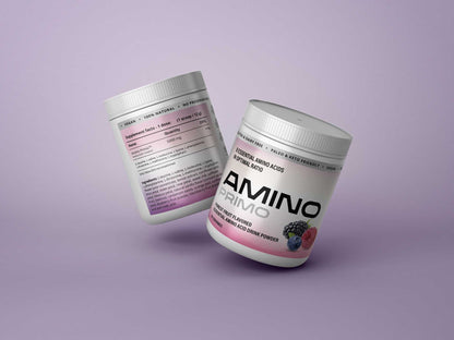 Product image of Amino Primo forest fruit supplement jars, essential amino acid tablets, displayed on a minimalist purple background.