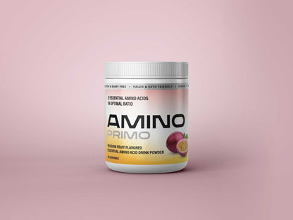 An Amino Primo passion fruit supplement jar, essential amino acid tablets, displayed on a minimalist pink background.