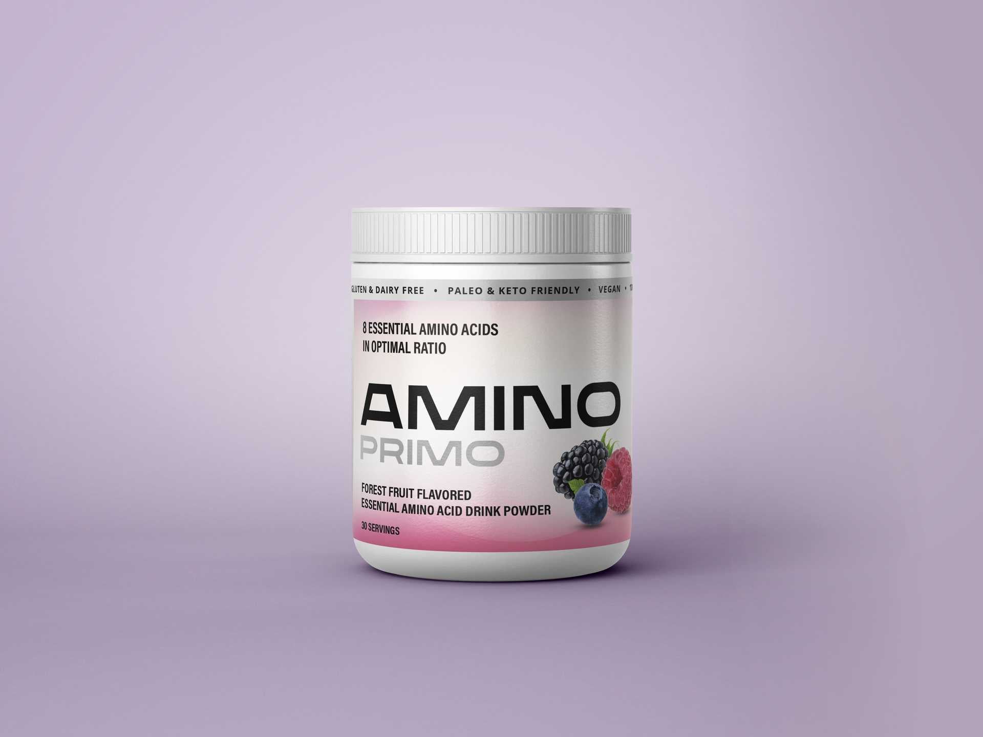 An Amino Primo forest fruit supplement jar, essential amino acid tablets, displayed on a minimalist purple background.