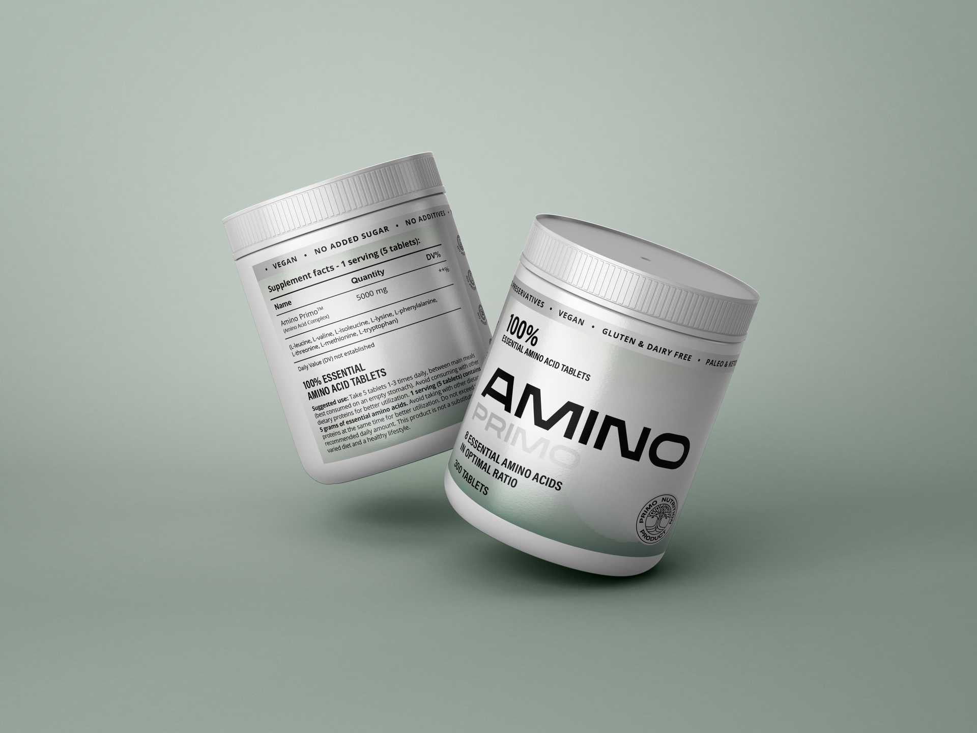 Product image of Amino Primo supplement jars, essential amino acid tablets, displayed on a minimalist green background.