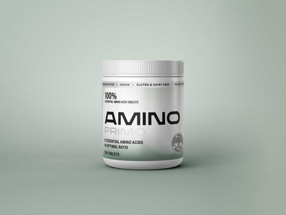 An Amino Primo supplement jar, essential amino acid tablets, displayed on a minimalist green background.